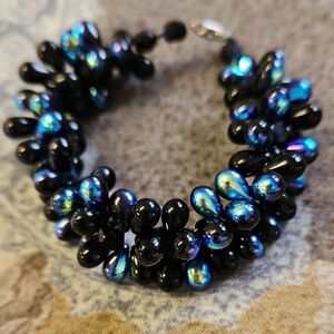 Women's Black Bracelet with Iridescent Blue Accents